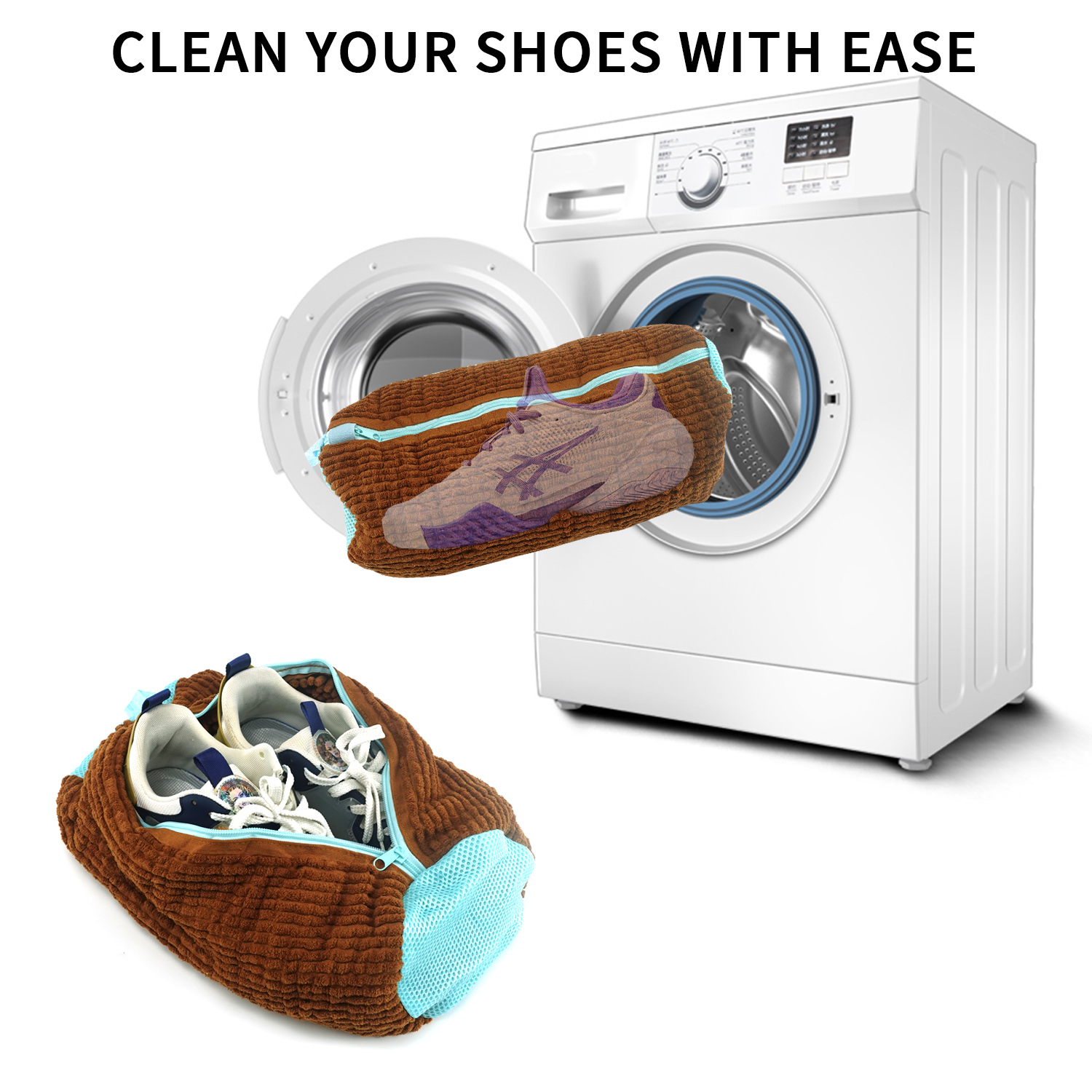 QUMOX Shoe Laundry Bag for Washing Machine and Dryer, Durable Reusable Shoe Washing Bag with Plush Zipper Cover, Ideal for Sneakers, Gym Shoes, Tennis Shoes, Delicates, and Slippers, Brown 2-Pack