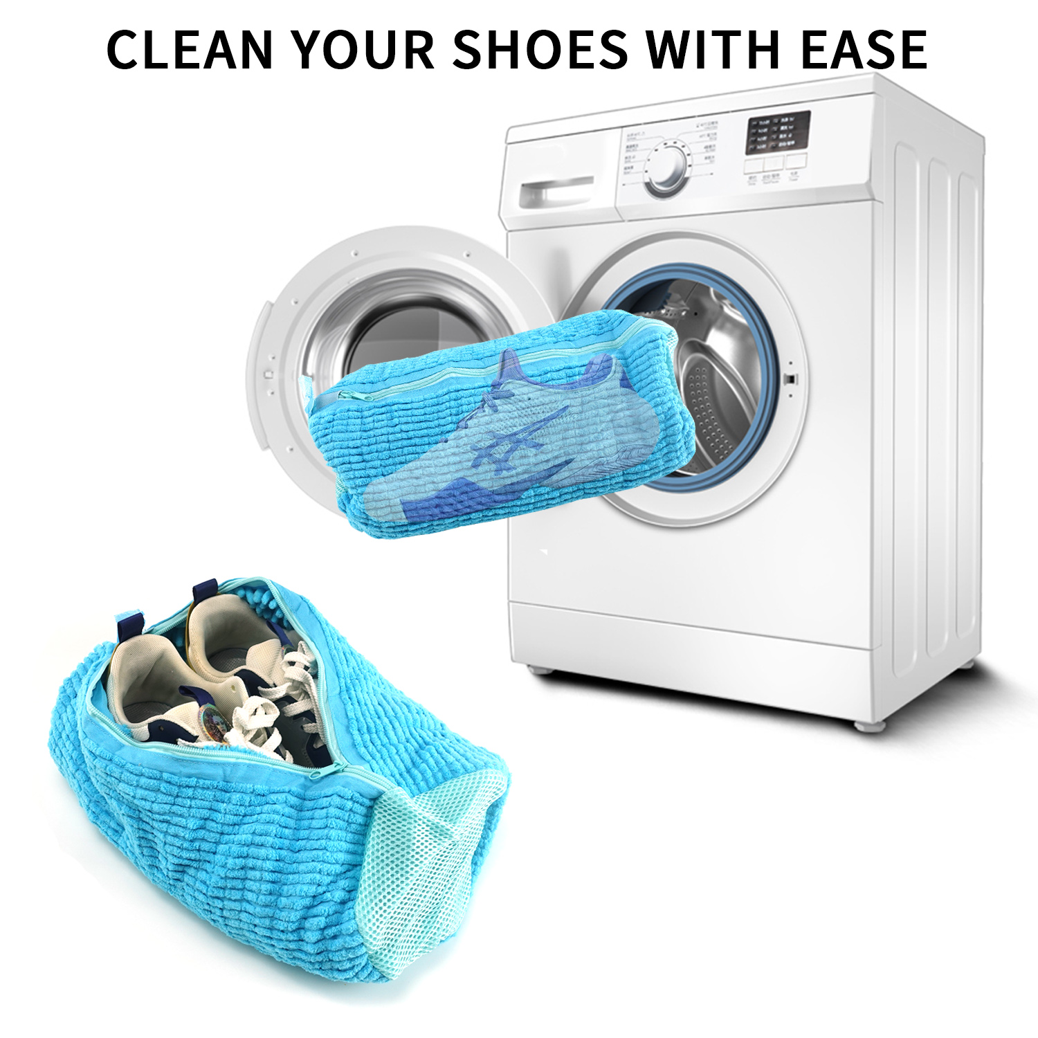QUMOX Shoe Laundry Bag for Washing Machine and Dryer, Durable Reusable Shoe Washing Bag with Plush Zipper Cover, Ideal for Sneakers, Gym Shoes, Tennis Shoes, Delicates, and Slippers, Blue 2-Pack