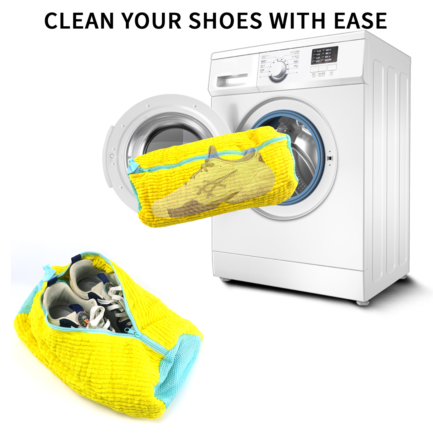 QUMOX Shoe Laundry Bag for Washing Machine and Dryer, Durable Reusable Shoe Washing Bag with Plush Zipper Cover, Ideal for Sneakers, Gym Shoes, Tennis Shoes, Delicates, and Slippers, Yellow 2-Pack