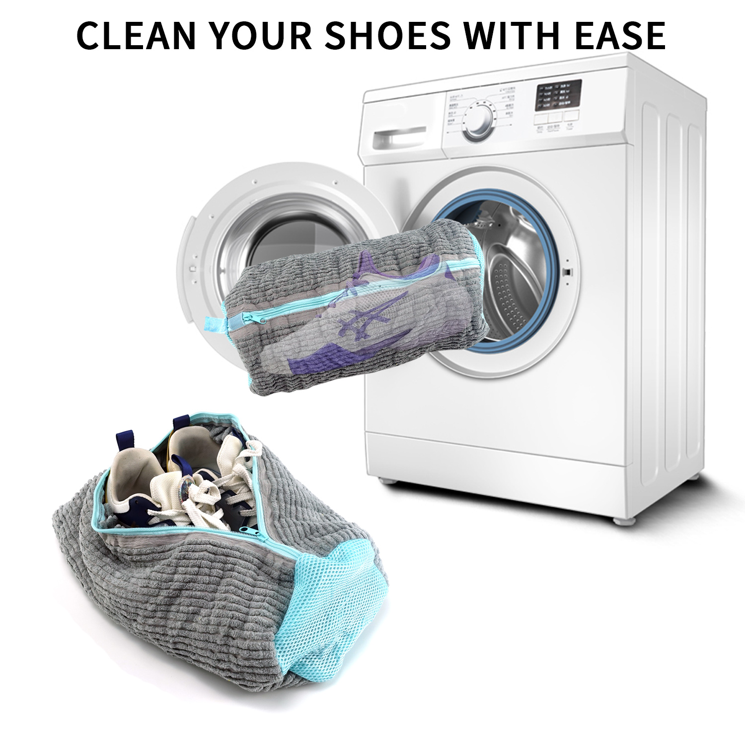 QUMOX Shoe Laundry Bag for Washing Machine and Dryer, Durable Reusable Shoe Washing Bag with Plush Zipper Cover, Ideal for Sneakers, Gym Shoes, Tennis Shoes, Delicates, and Slippers, Grey 2-Pack
