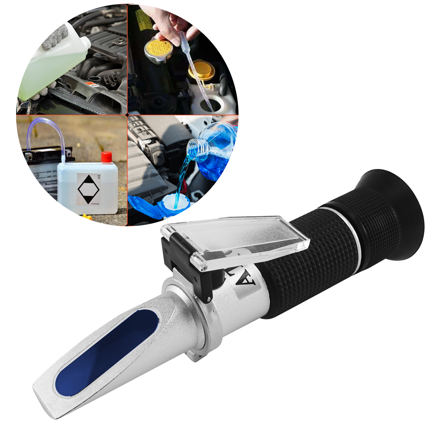 QUMOX 4-in-1 Coolant Refractometer for Antifreeze, Battery Acid, Diesel Exhaust Fluid & Windshield Washer – No Battery Needed, ATC Optical Tester with Case for Car