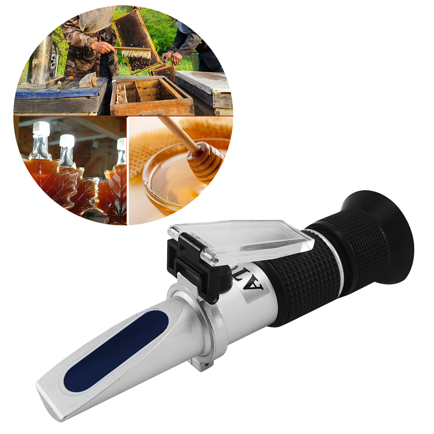 QUMOX 3-in-1 Honey Refractometer for Moisture, Brix and Baume, 58–90% Brix Scale – No Battery Needed, ATC Optical Tester for Honey, Syrup, Molasses, Beekeeping & Food Processing