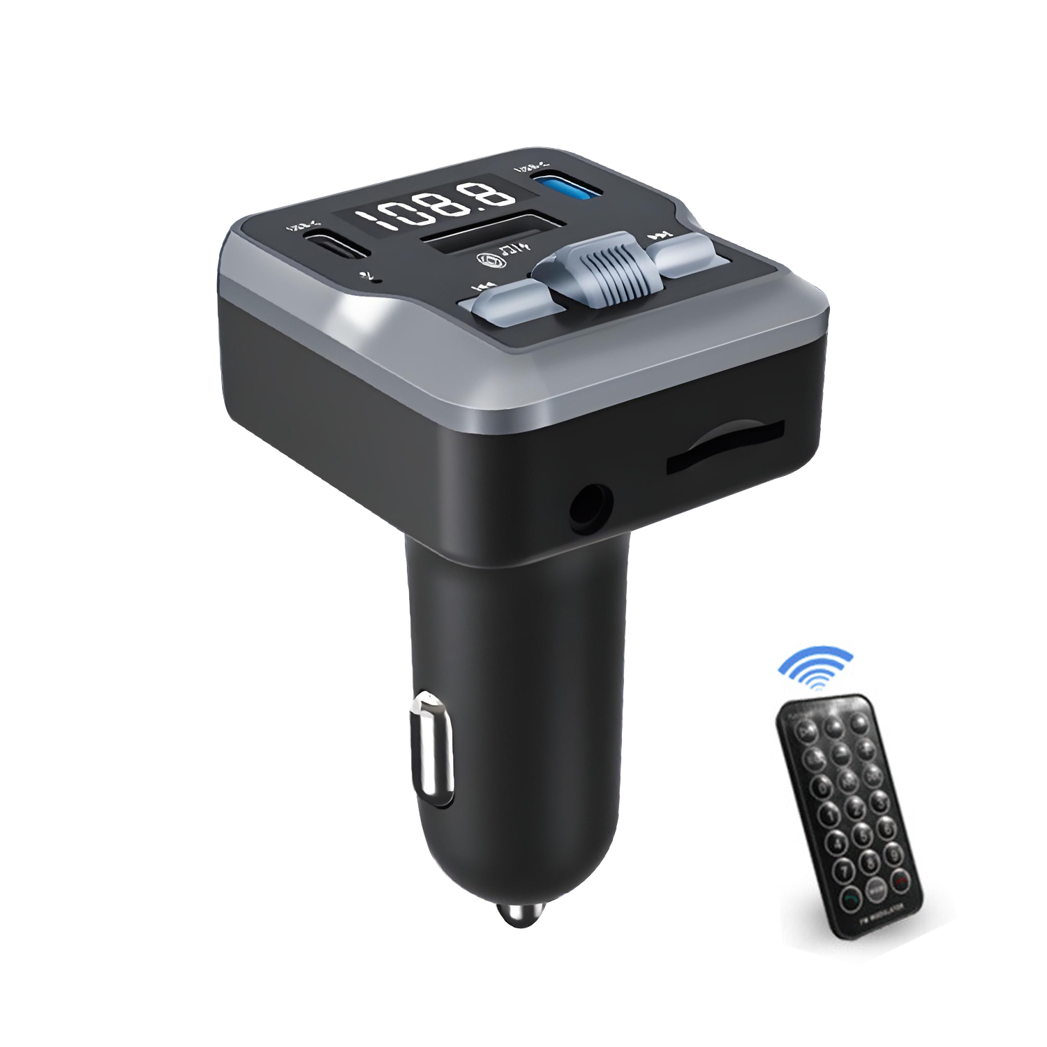 QUMOX Bluetooth 5.3 Car FM Transmitter C66 with Remote Control, AUX/USB/TF Playback, Dual USB-C 3.1A Fast Charging, Hands-Free Calling