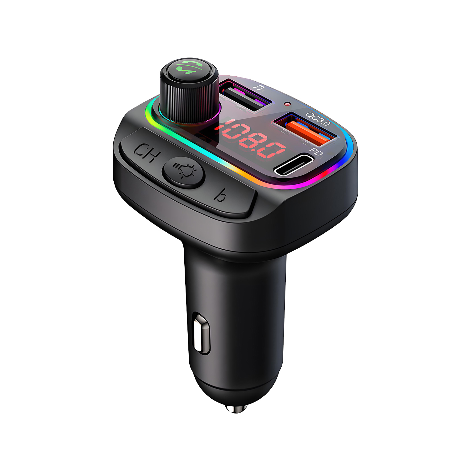 QUMOX Bluetooth 5.0 Car FM Transmitter with QC3.0 & PD Fast Charging, RGB Light, Hands-Free Calls, USB/TF Music Player, Compatible with iPhone Samsung Huawei