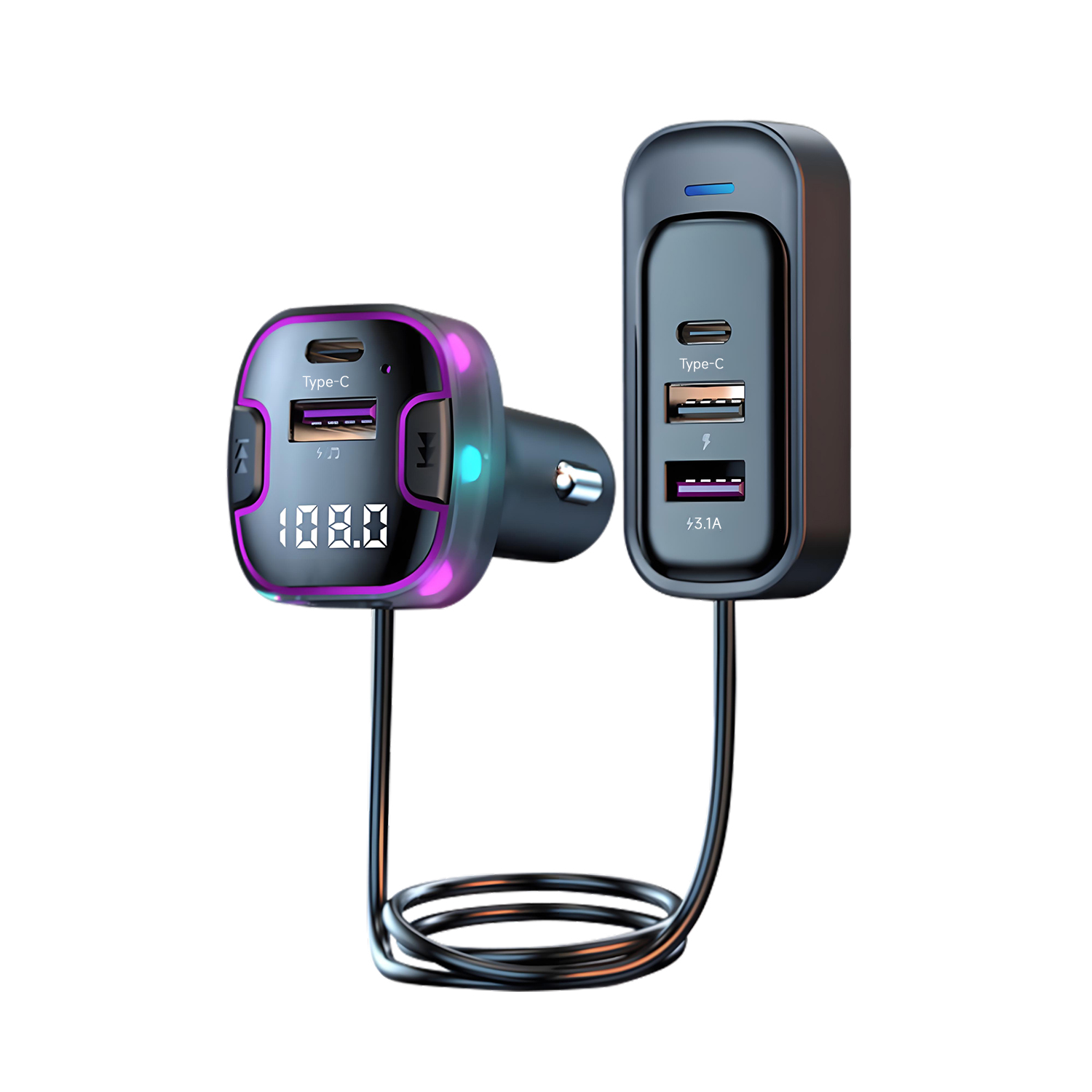 QUMOX Bluetooth 5.3 Car FM Transmitter C56 with 15W PD Fast Charging, 1.5m Extension Cable, USB/Type-C Ports, MP3 Playback, Hands-Free Calls, LED Display