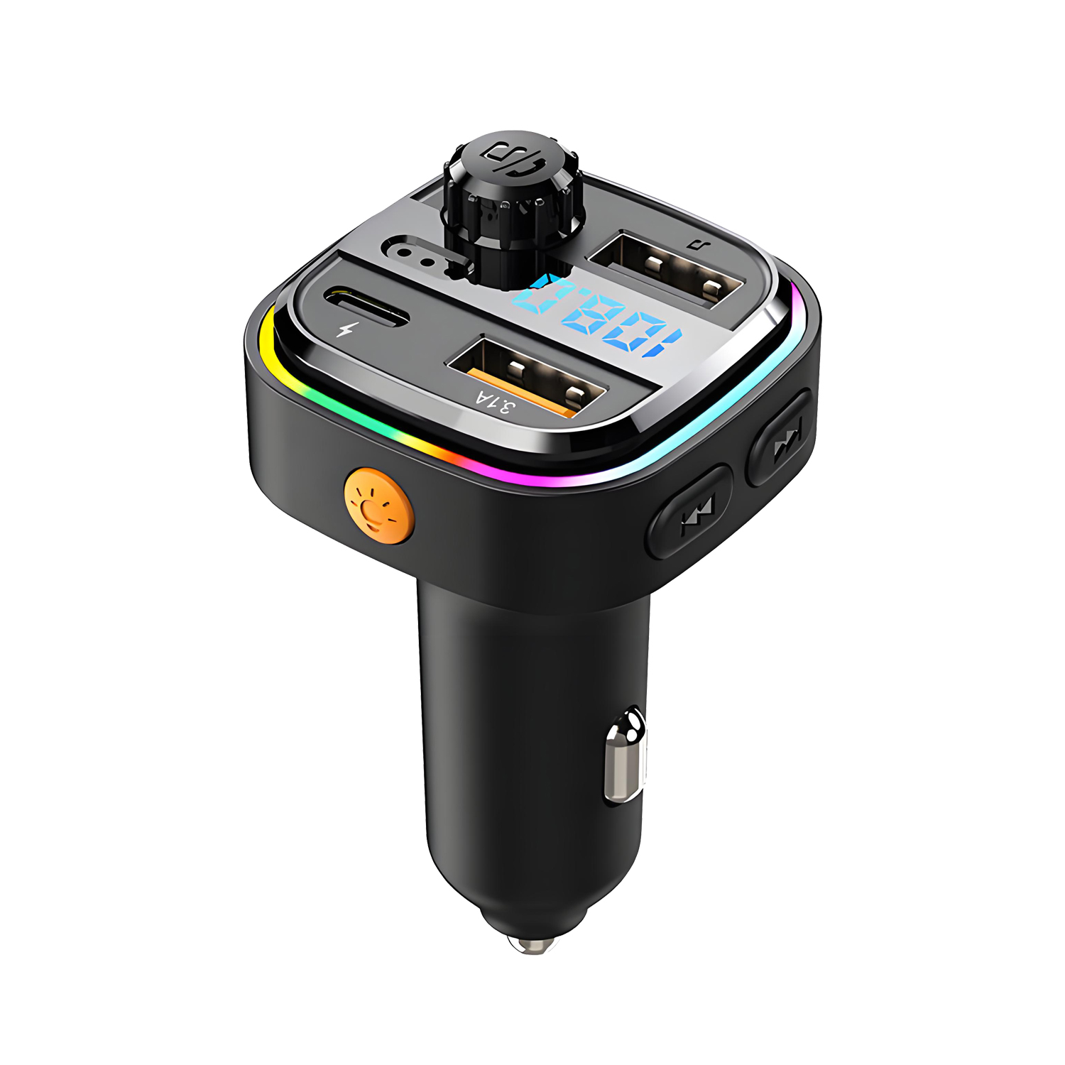 QUMOX Bluetooth 5.0 Car FM Transmitter C26 with Hands-Free Calling, USB-C Fast Charging, 7-Colour Ambient Light, MP3/WAV/FLAC Playback, Dual USB Ports, Compatible with 12V–24V Vehicles