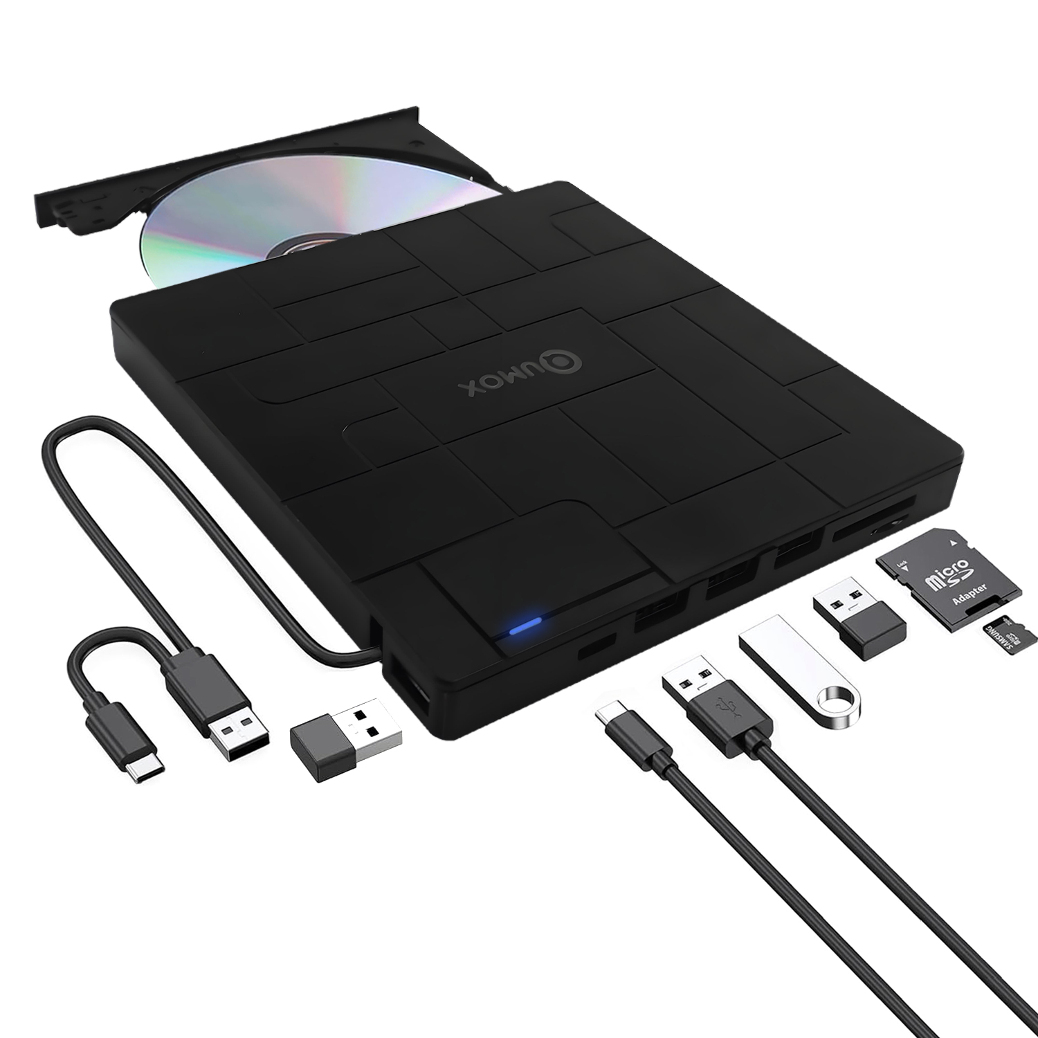 QUMOX 8-in-1 External CD DVD Drive USB 3.0 with USB-C, SD/TF Card Readers, Slim CD/DVD Writer for Laptop, Windows 11/10/8/7, Linux, Mac OS
