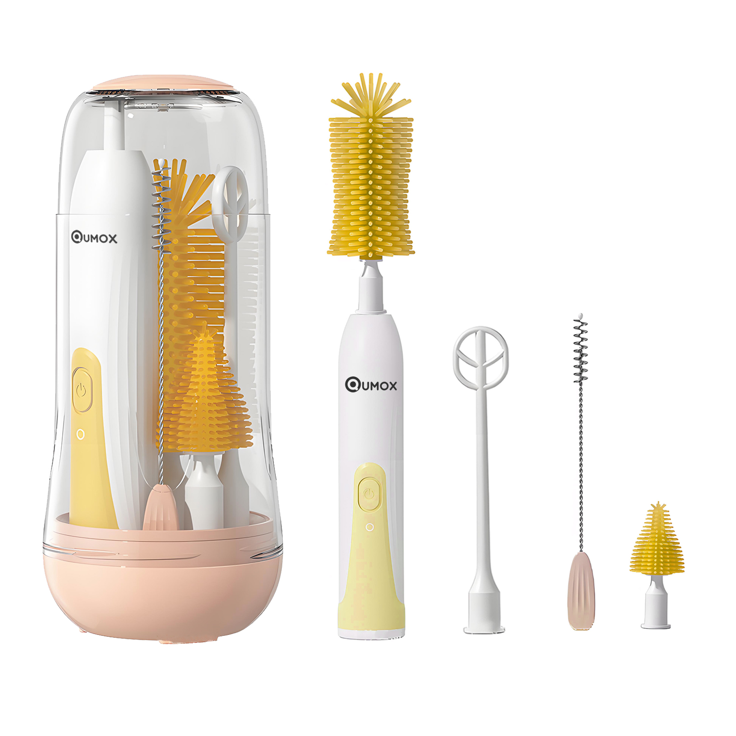 QUMOX Electric Baby Bottle Brush Set, 6-in-1 Rechargeable Cleaning Kit with Storage Case – Portable USB Charging Bottle Cleaner with Multiple Brush Heads for Bottles, Cups and Straws (Yellow)