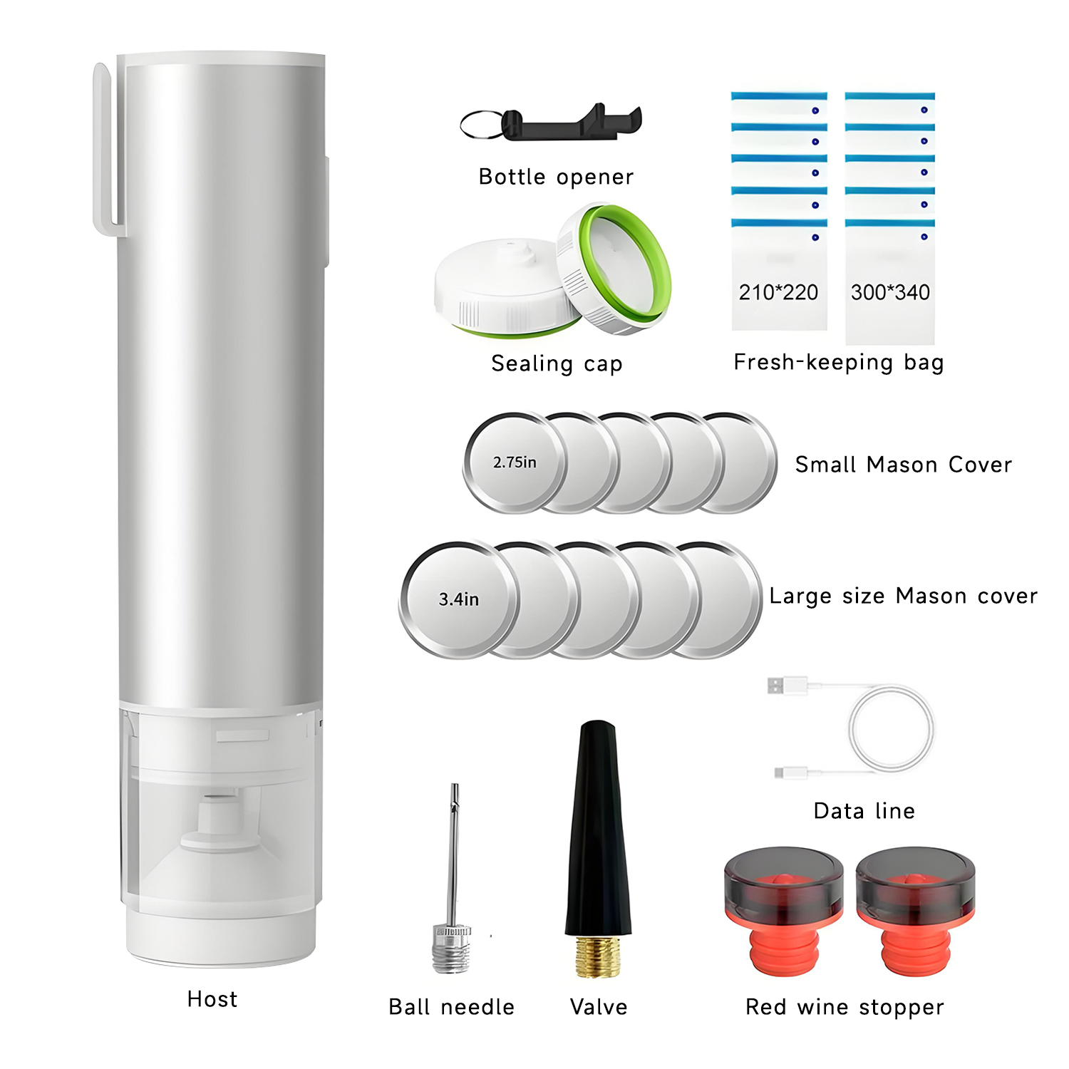 QUMOX Handheld Vacuum Sealer Pump Kit, Rechargeable Electric Vacuum Pump for Jar Lids & Vacuum Bags, Wine Bottle Stopper, Food Containers, Ball Needle & Inflation Nozzle, USB-C