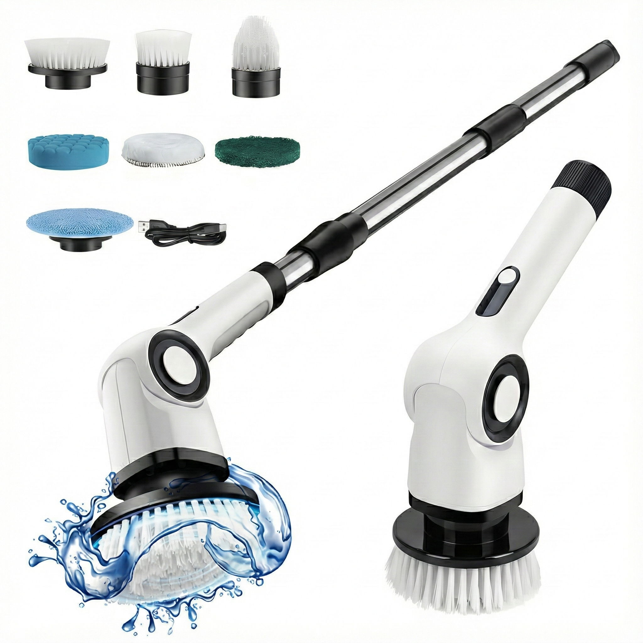 QUMOX Electric Spin Scrubber with LED Display, 7 Brush Heads & Adjustable Extension Handle, 120 Min Runtime, IPX7 Waterproof Power Cleaning Brush, 3-Speed Cordless Bathroom & Floor Scrubber