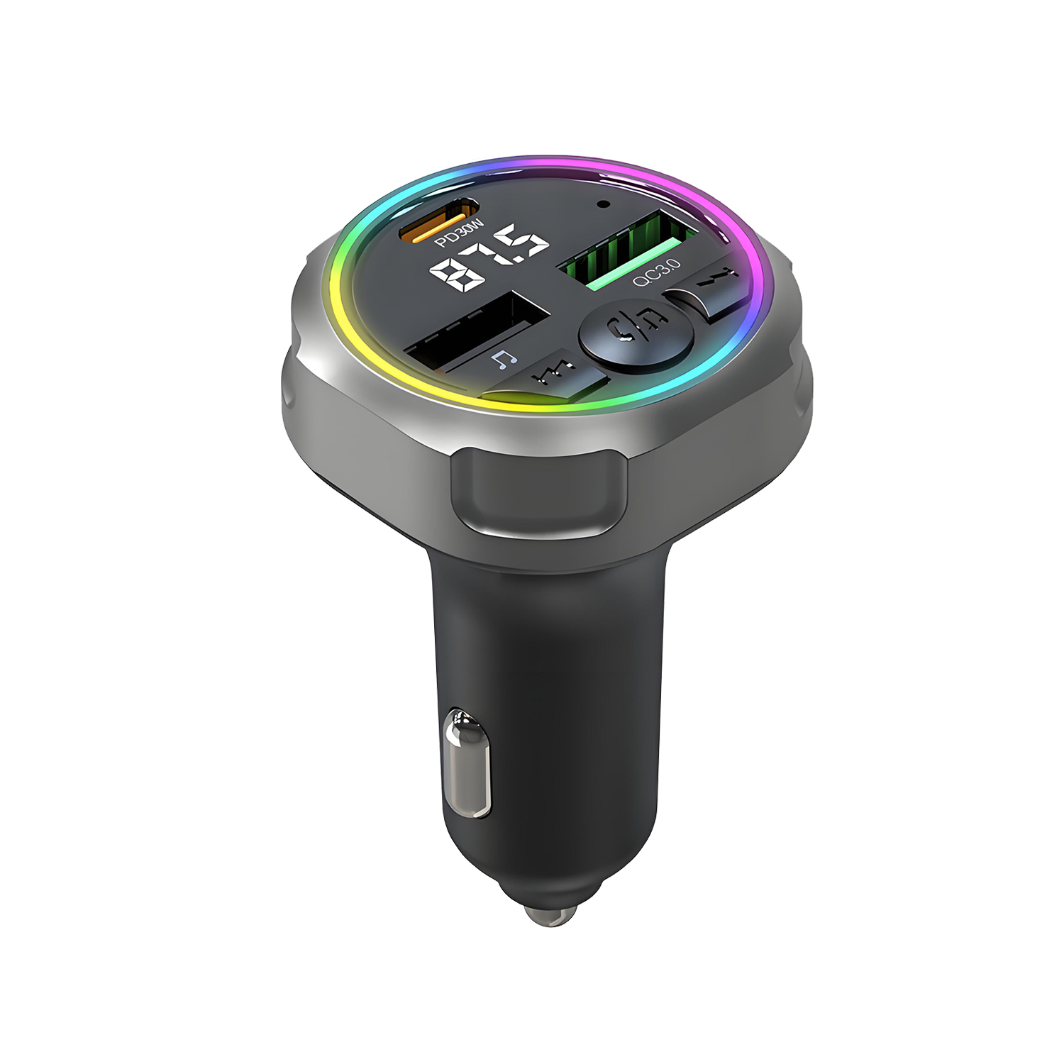 QUMOX Bluetooth 5.3 FM Transmitter Car Charger, PD 30W + QC3.0 Fast Charging, RGB Ambient Light, Dual USB Ports, Hands-Free Calling, Hi-Fi Music, Compatible with All Vehicles