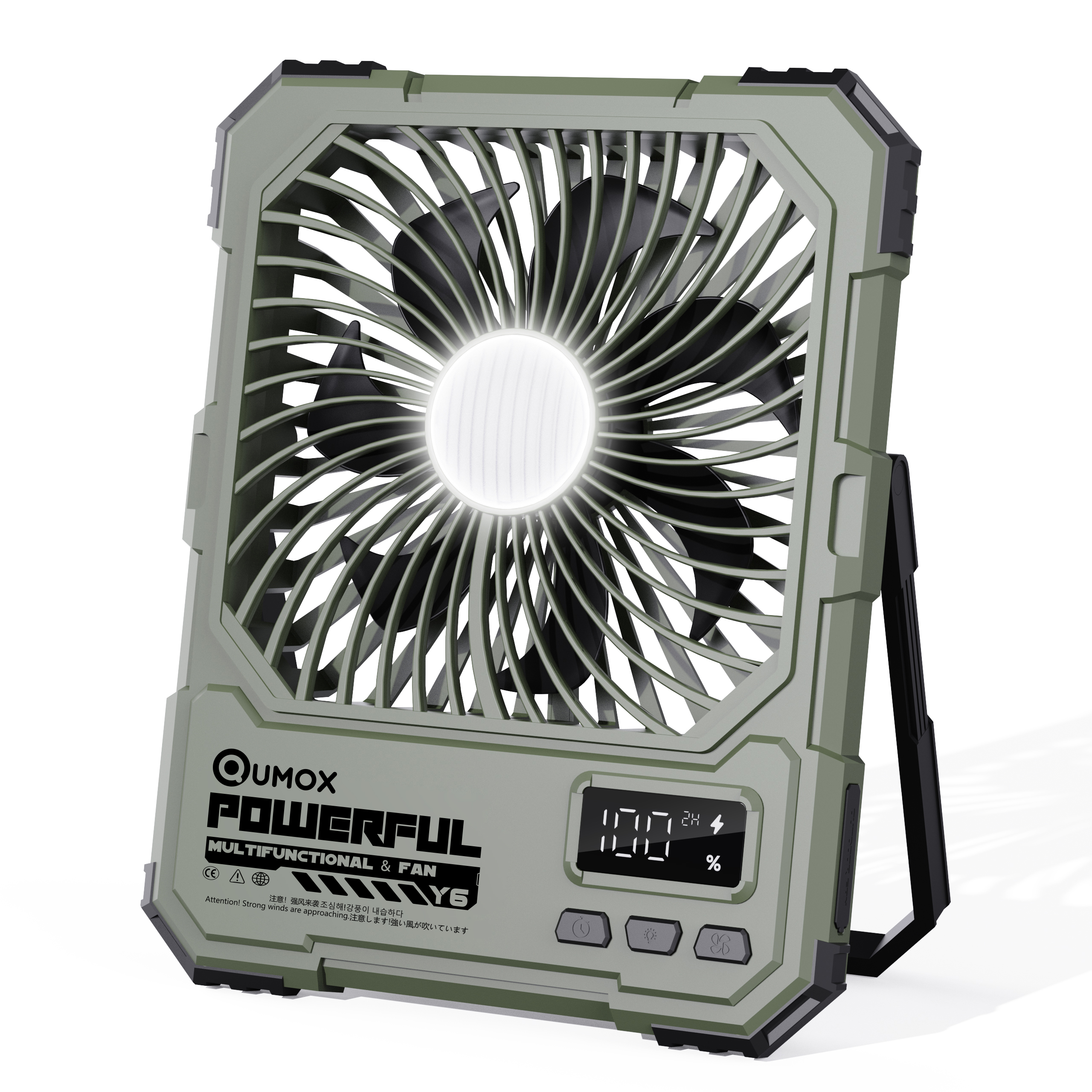 QUMOX Y6 Rechargeable Camping Fan with LED Light, 20000mAh Battery, Remote Control, 4 Speed Levels, 4 Light Modes, 2/4/6H Timer, Foldable Stand with Hanging Hook, Type-C Input, Green