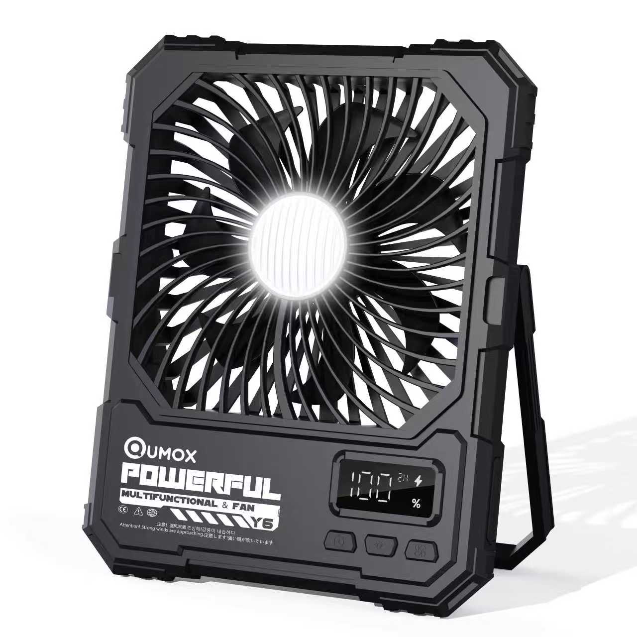 QUMOX Y6 Rechargeable Camping Fan with LED Light, 20000mAh Battery, Remote Control, 4 Speed Levels, 4 Light Modes, 2/4/6H Timer, Foldable Stand with Hanging Hook, Type-C Input, Black