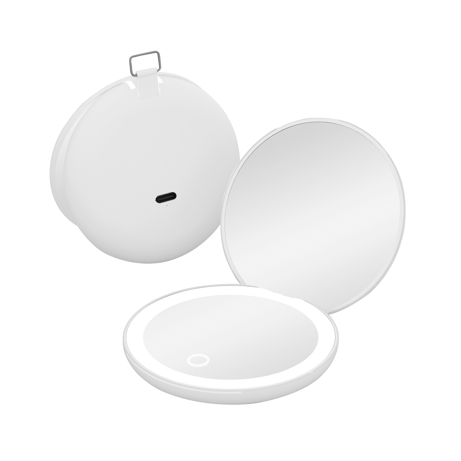 QUMOX LED Compact Mirror with Hanging Loop, Rechargeable Pocket Makeup Mirror with Light, 1X & 2X Magnifying Mirror, 3 Colour Modes, Stepless Dimming, Type-C, Portable for Handbag, Travel and Touch-Up