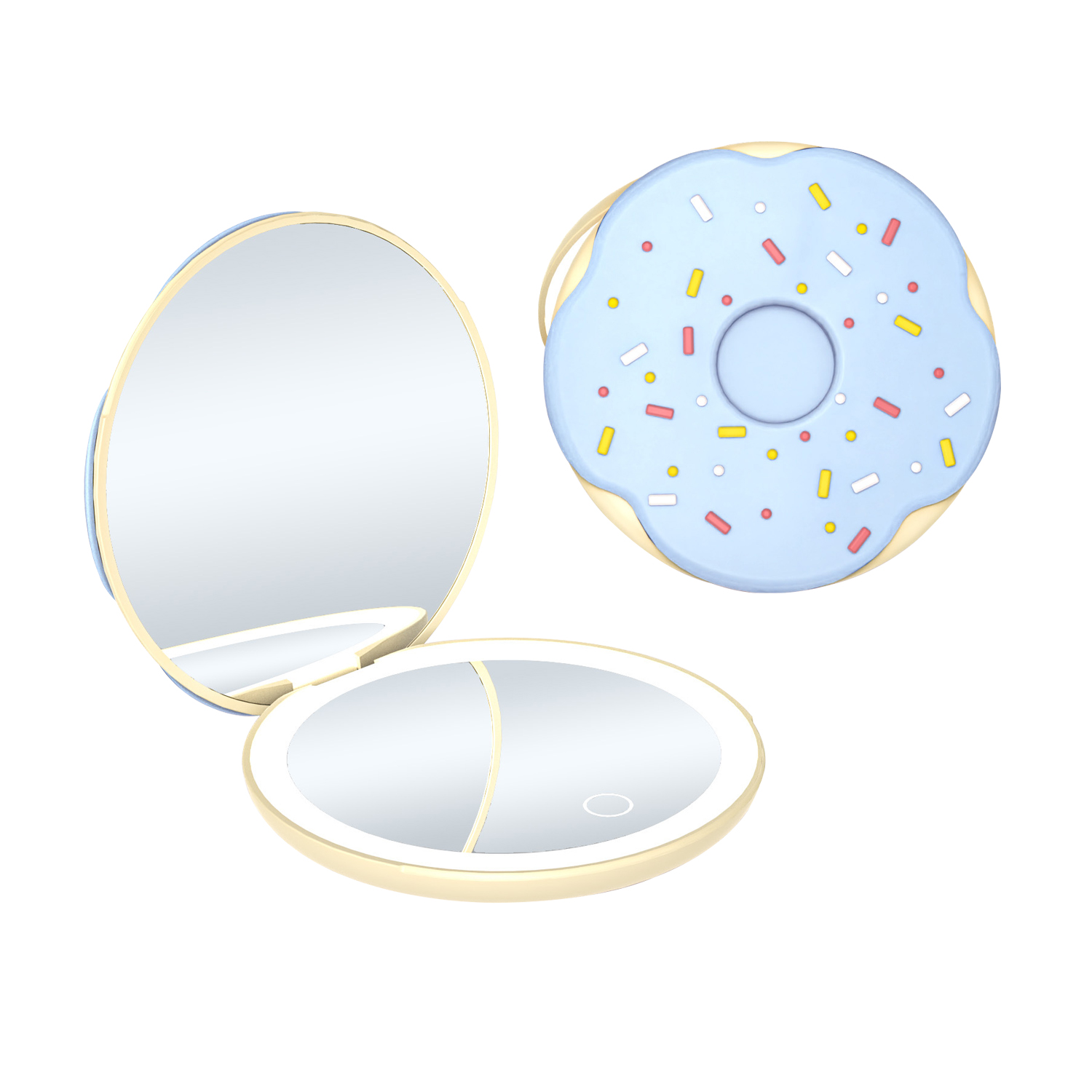 QUMOX LED Compact Makeup Mirror, Donut Shape Pocket Mirror with Light, 1X & 2X Magnifying Mirror, 3 Light Modes, Stepless Dimming, Type-C Rechargeable Portable Travel Mirror for Handbag, Blue