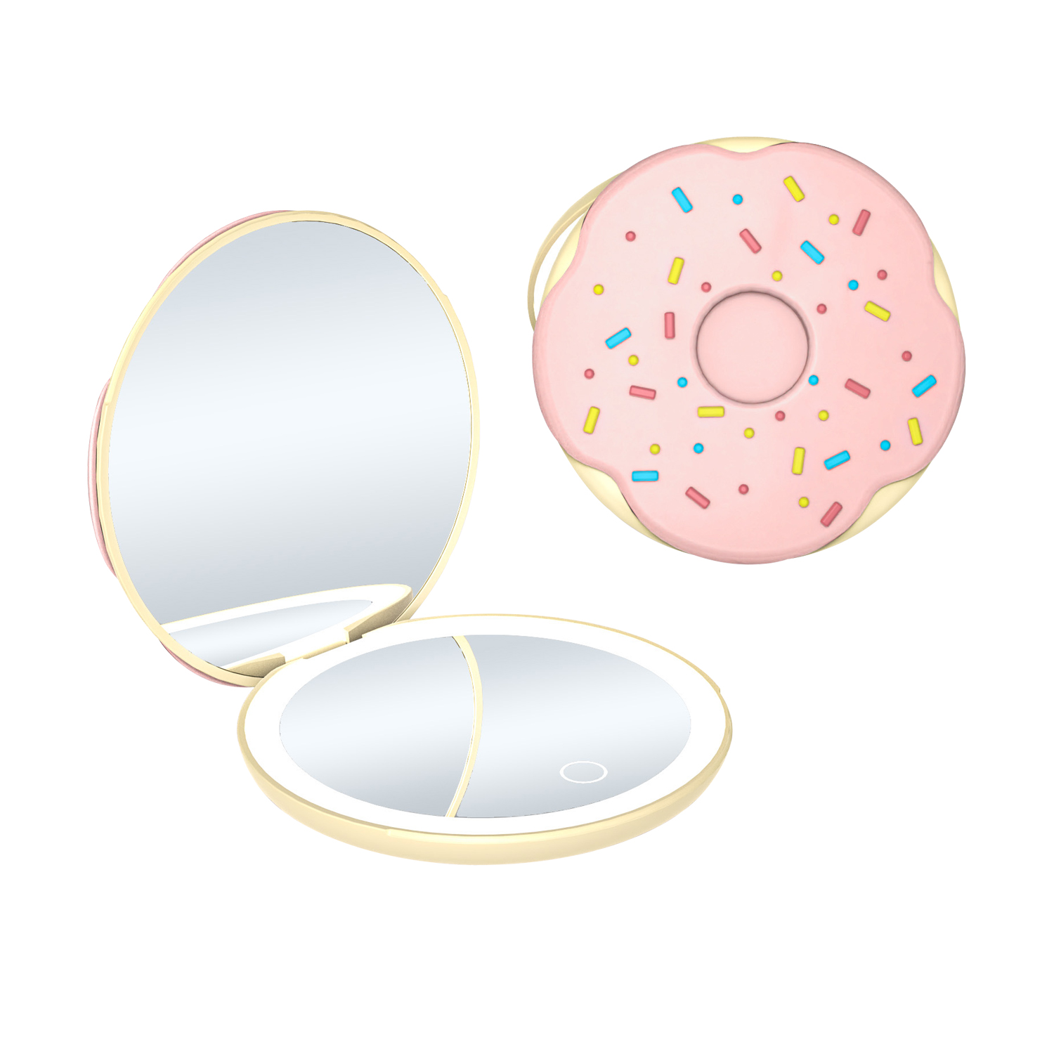QUMOX LED Compact Makeup Mirror, Donut Shape Pocket Mirror with Light, 1X & 2X Magnifying Mirror, 3 Light Modes, Stepless Dimming, Type-C Rechargeable Portable Travel Mirror for Handbag, Pink
