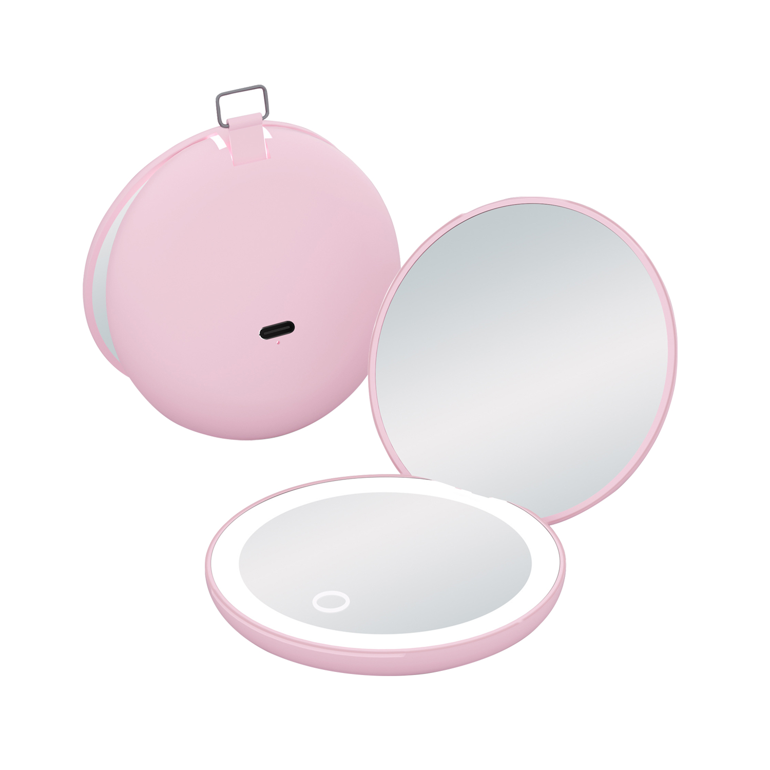 QUMOX LED Compact Mirror with Hanging Loop, Rechargeable Pocket Makeup Mirror with Light, 1X & 2X Magnifying Mirror, 3 Colour Modes, Stepless Dimming, Type-C, Portable for Handbag, Travel and Touch-Up