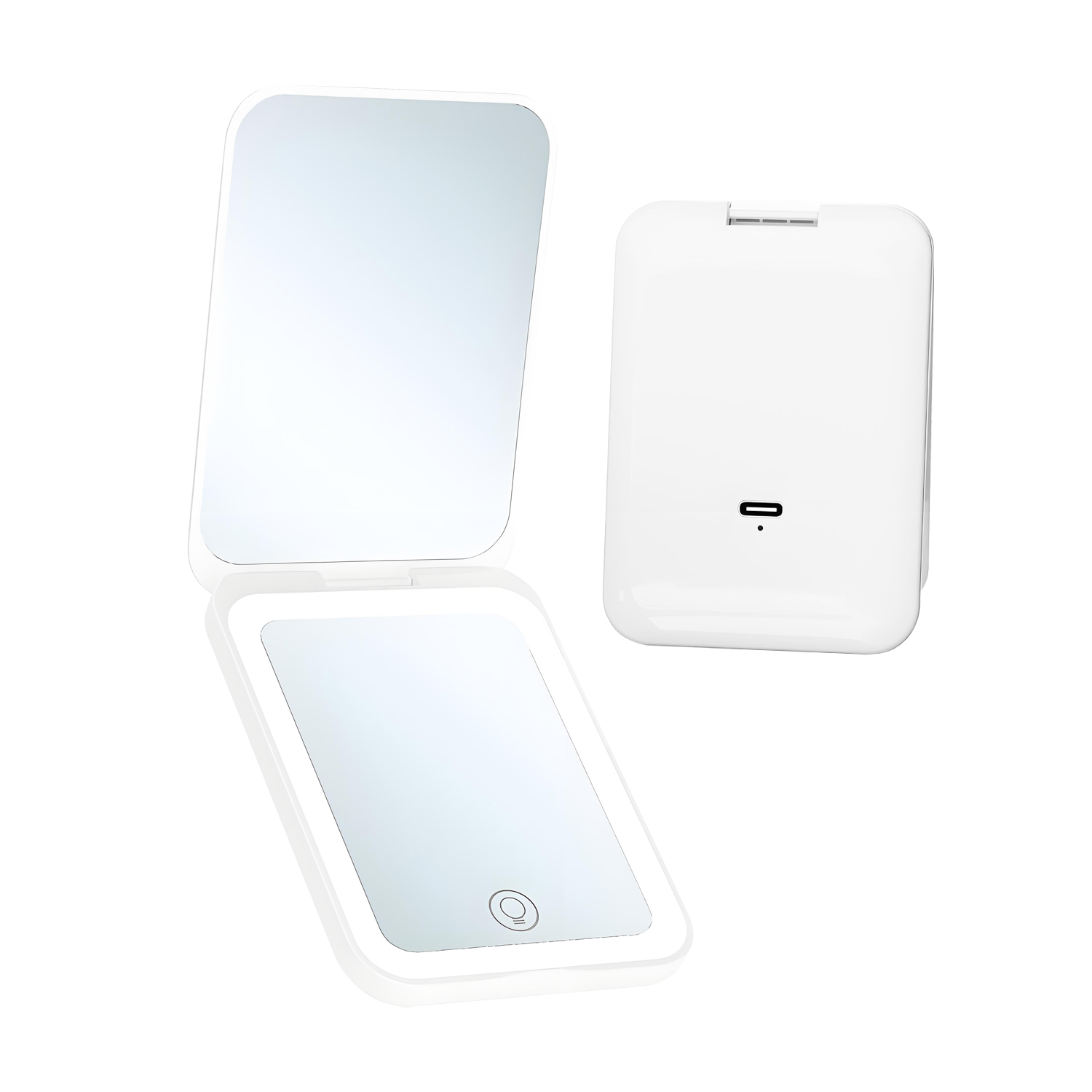 QUMOX Rechargeable Compact Makeup Mirror with Light, 1X & 2X Magnifying Double-Sided Mirror, 3 Colour Lighting Modes, Adjustable Brightness, USB-C Portable Folding Vanity Mirror for Travel White