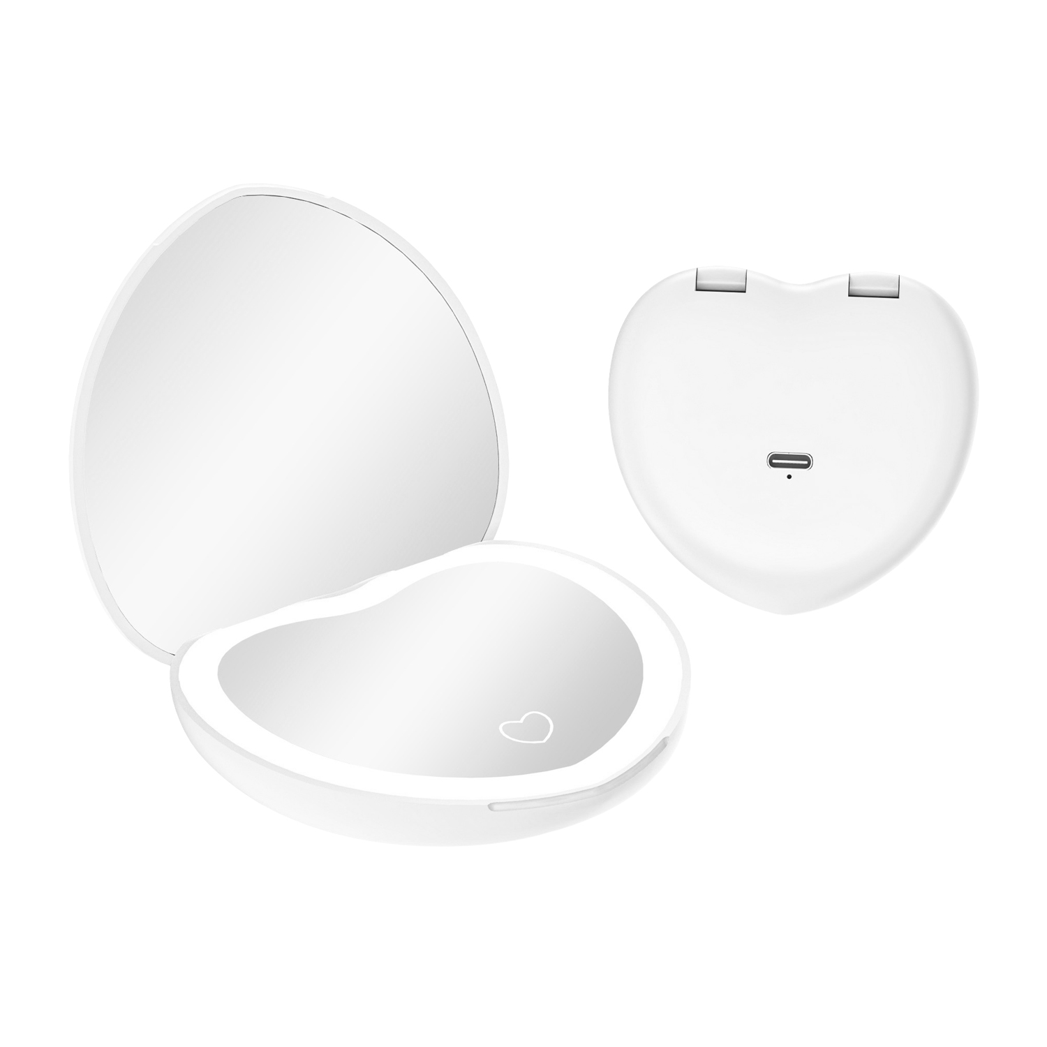 QUMOX LED Portable Makeup Mirror, Heart-Shaped Compact Travel Mirror with Light, 1X & 2X Magnification, 3 Colour Lighting Modes, Stepless Dimming, Touch Control, USB-C Rechargeable for Handbag, Travel