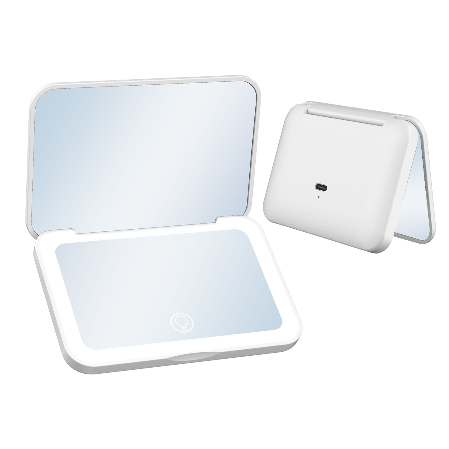 QUMOX Rechargeable LED Compact Make-Up Mirror, Portable Folding Travel Mirror with 1X & 2X Magnification, 3 Light Colours, Stepless Dimming, Touch Sensor, USB Type-C Charging White