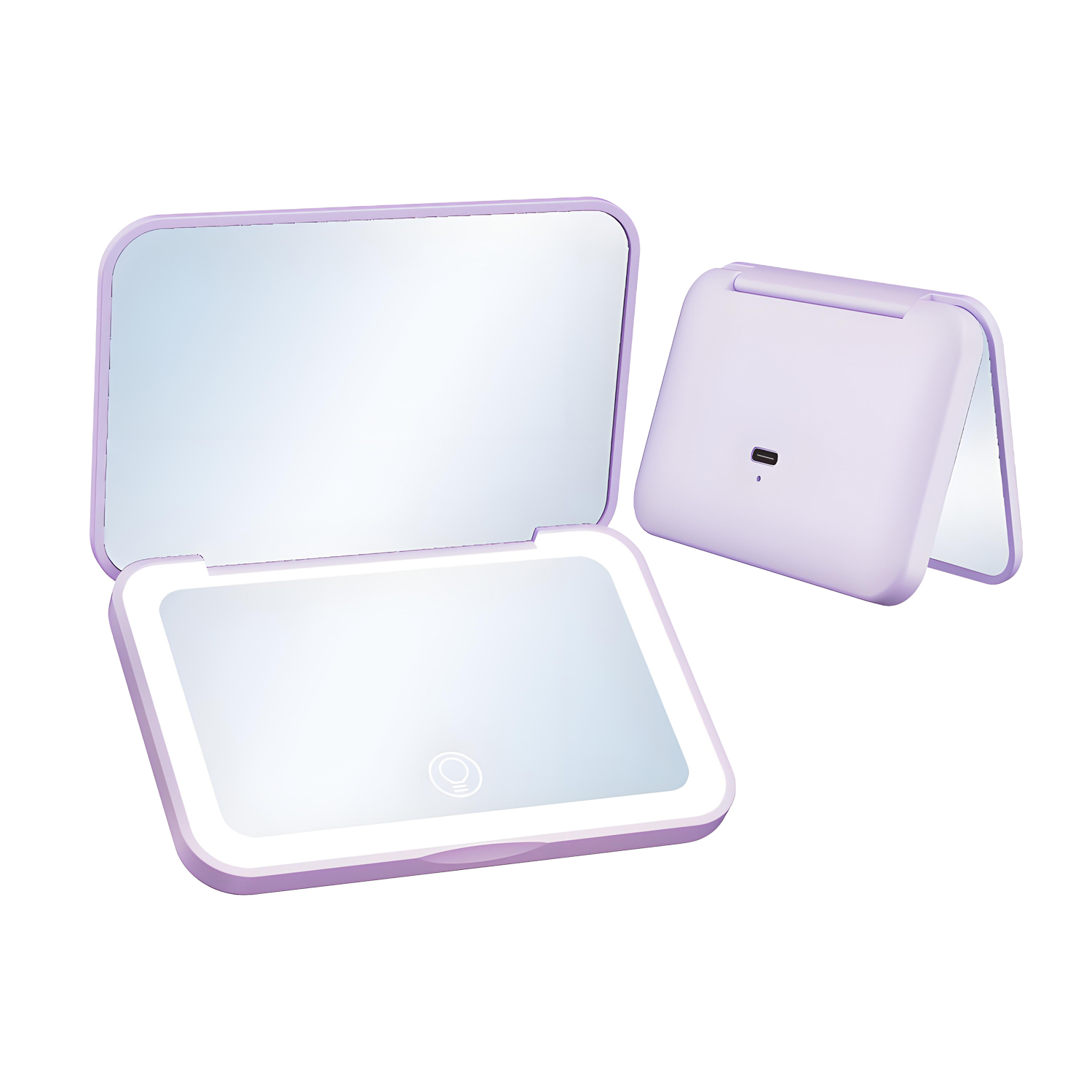 QUMOX Rechargeable LED Compact Make-Up Mirror, Portable Folding Travel Mirror with 1X & 2X Magnification, 3 Light Colours, Stepless Dimming, Touch Sensor, USB Type-C Charging Purple