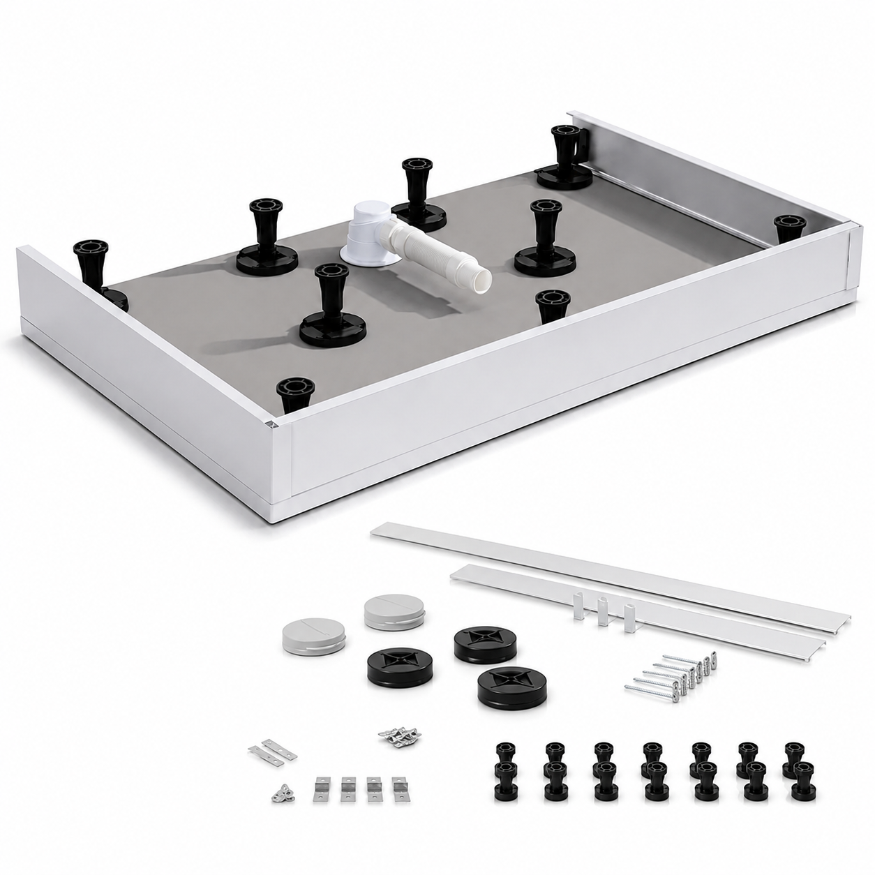 Complete shower tray riser kit with adjustable legs, panels and fittings