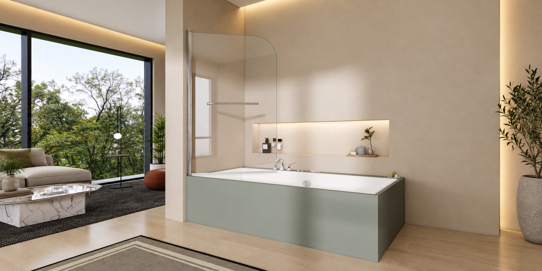 800 x 1400mm pivot bath shower screen with curved chrome profile and towel rail