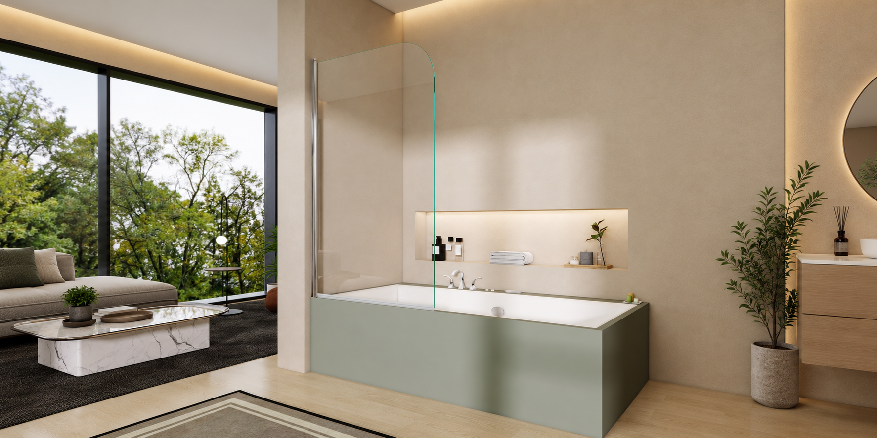 800 x 1400mm pivot bath shower screen with curved chrome profile