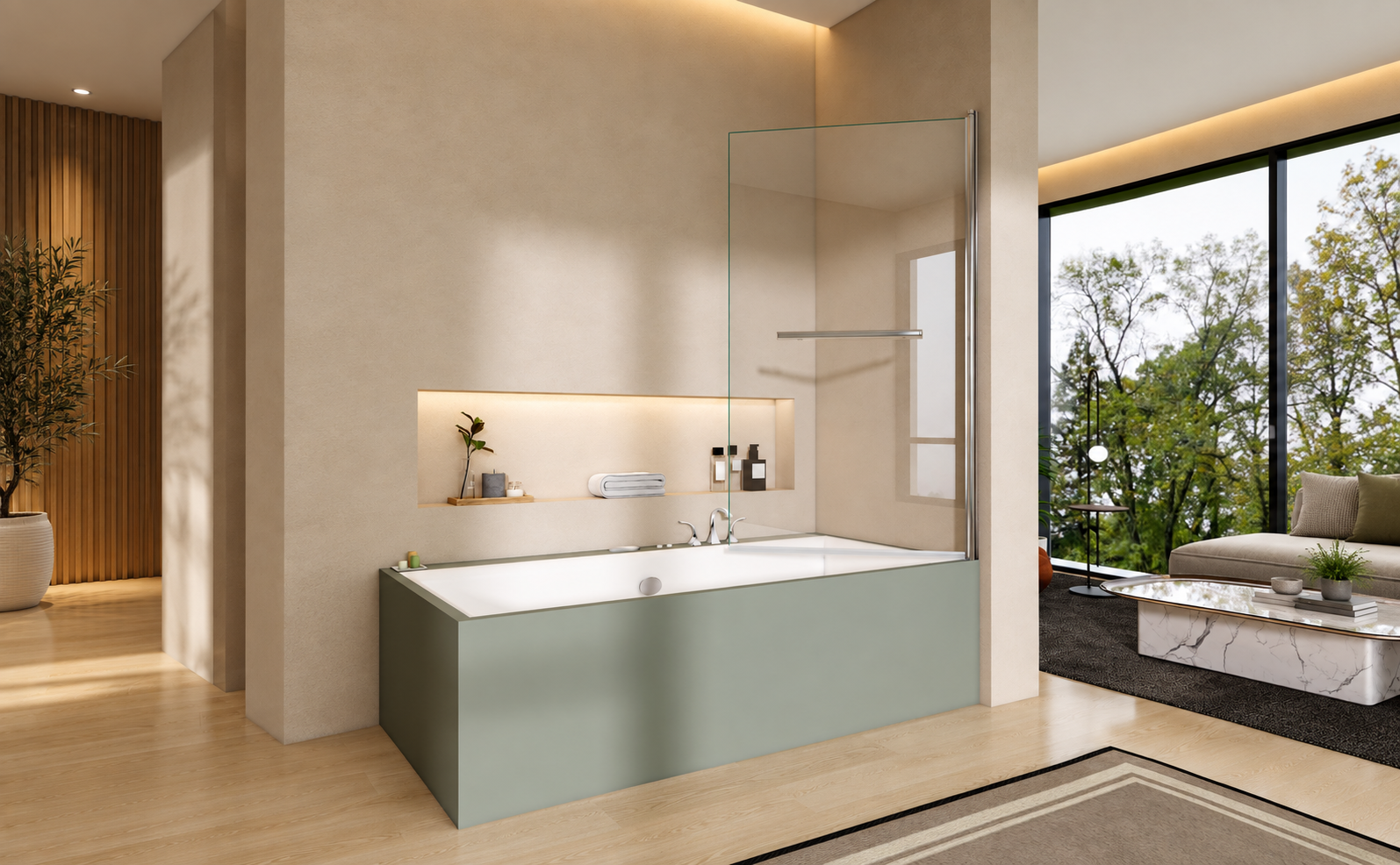 800 x 1400mm pivot bath shower screen with square chrome profile and towel rail