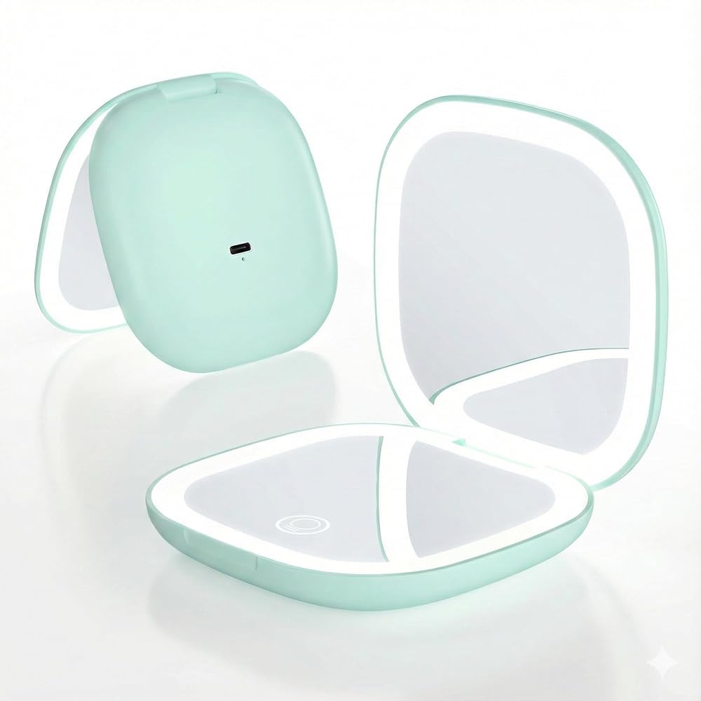 QUMOX 5X Magnifying Lighted Makeup Compact Mirror, Rechargeable Travel Mirror with LED Light, 3 Color Modes, Dimmable Touch, USB-C Portable Cosmetic Mirror