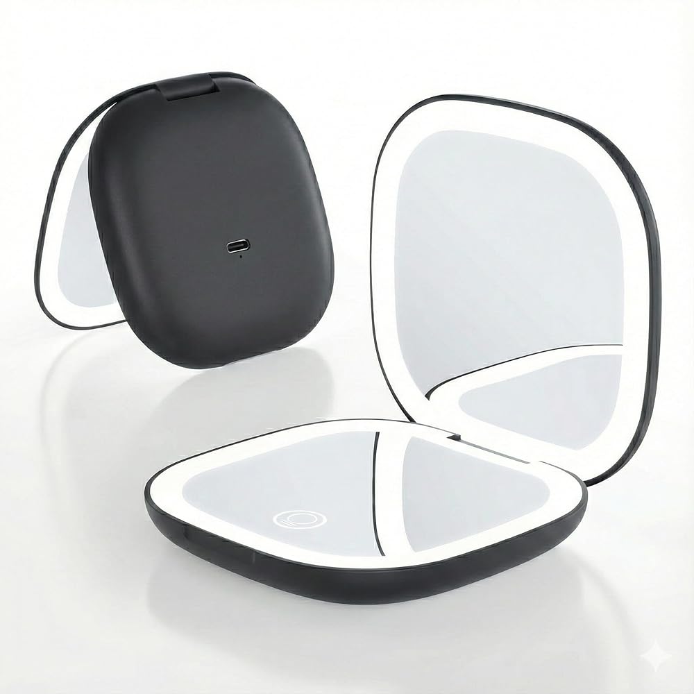 QUMOX 5X Magnifying Lighted Makeup Compact Mirror, Rechargeable Travel Mirror with LED Light, 3 Color Modes, Dimmable Touch, USB-C Portable Cosmetic Mirror